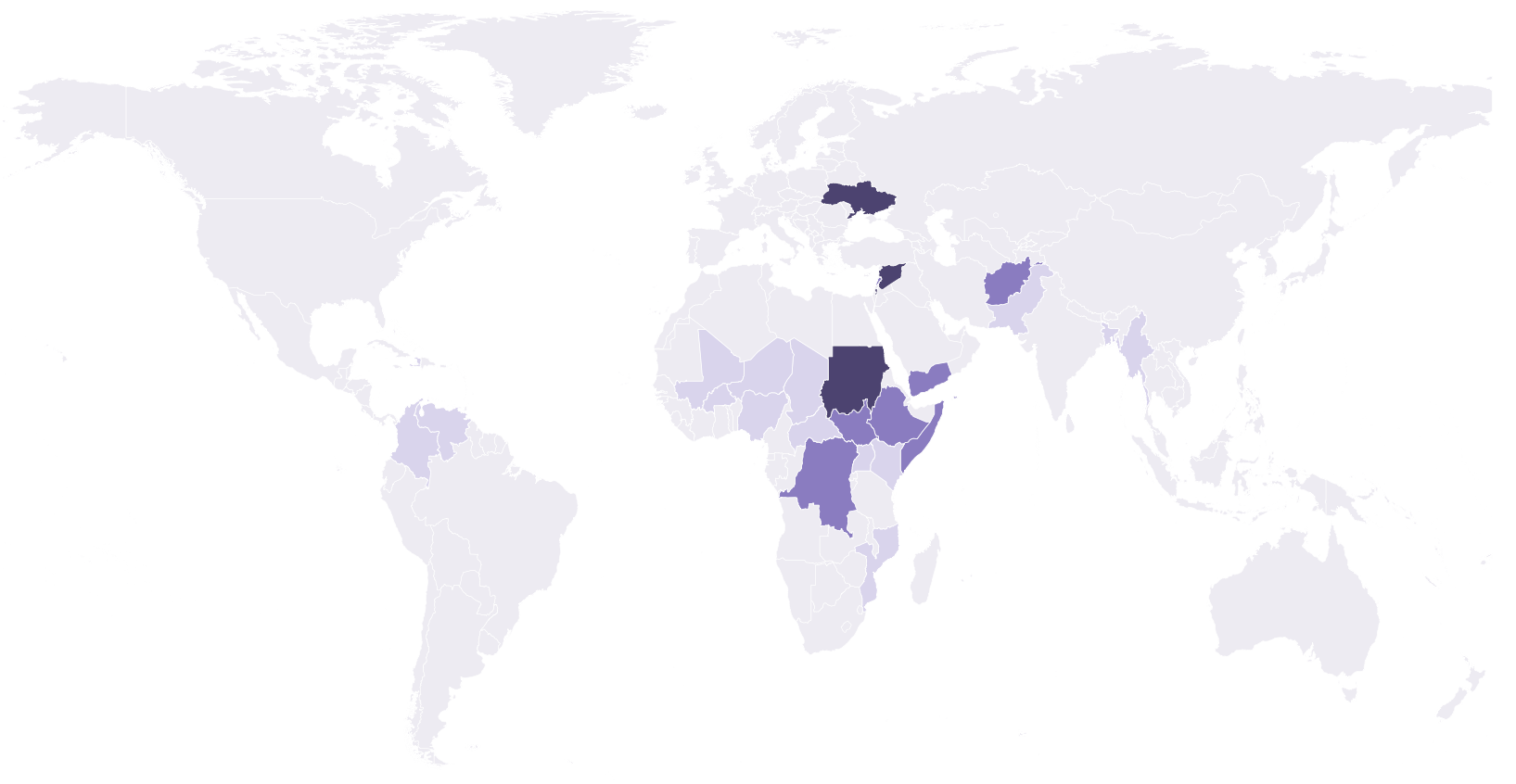 World map highlighting the largest recipients of humanitarian funding in 2024: Palestine, Ukraine, Syria and Sudan highest, then Ethiopia, DR Congo, Afghanistan, Somalia, Yemen, South Sudan and Lebanon.